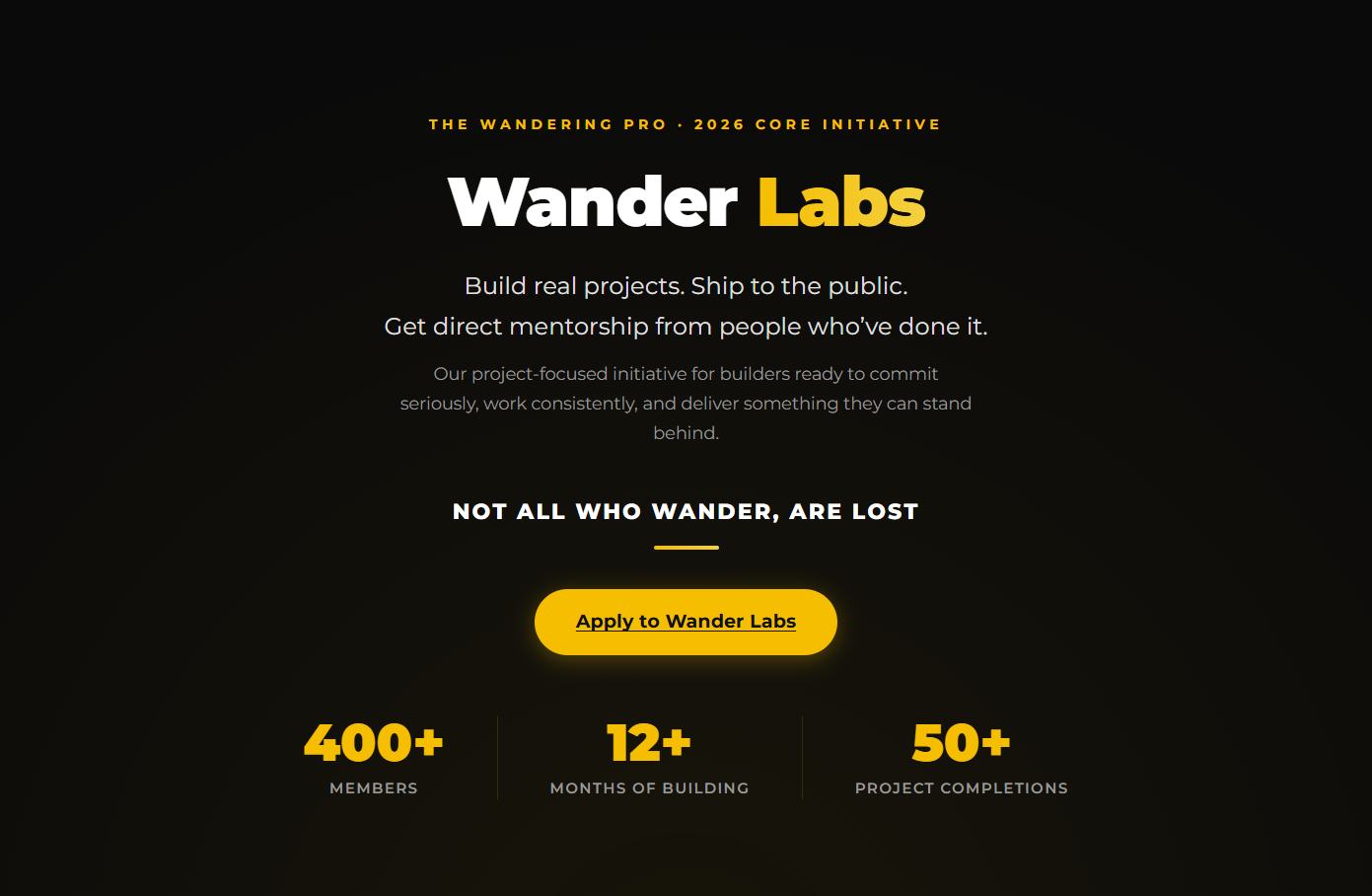 Wander Labs landing page on The Wandering Pro. The headline reads 'Wander Labs: build real projects, ship to the public, get direct mentorship from people who've done it,' with the tagline 'Not all who wander, are lost' and stats showing 400+ members, 12+ months of building, and 50+ project completions.